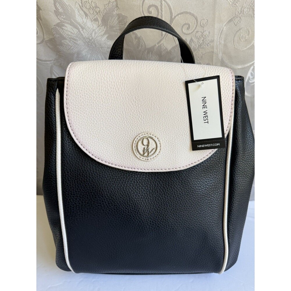 Nine West Active Hour Backpack Bag Snap Closure zip pocket Black/White Logo NWT!